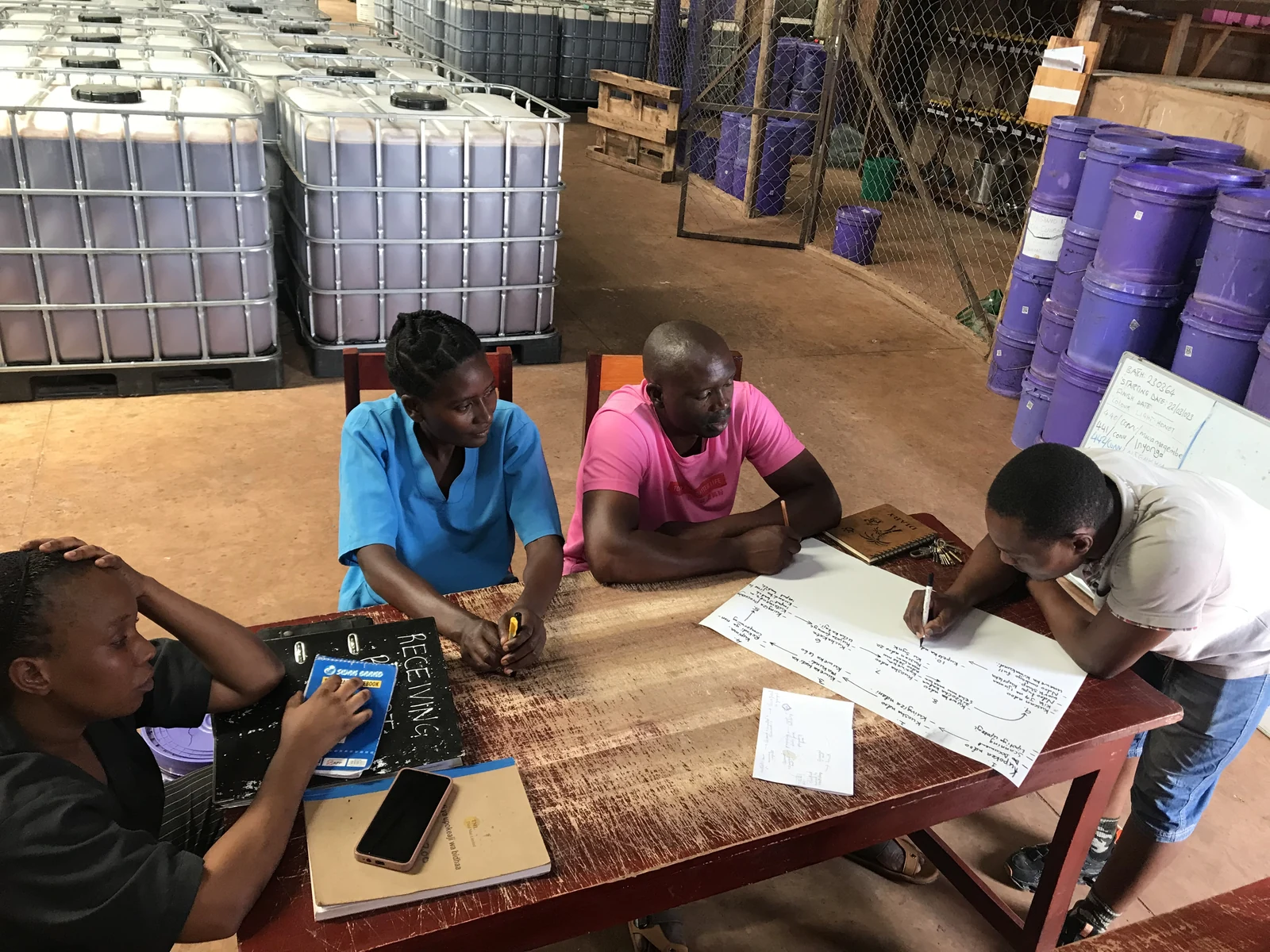 Upendo managers planning around a table in the Kigoma warehouse