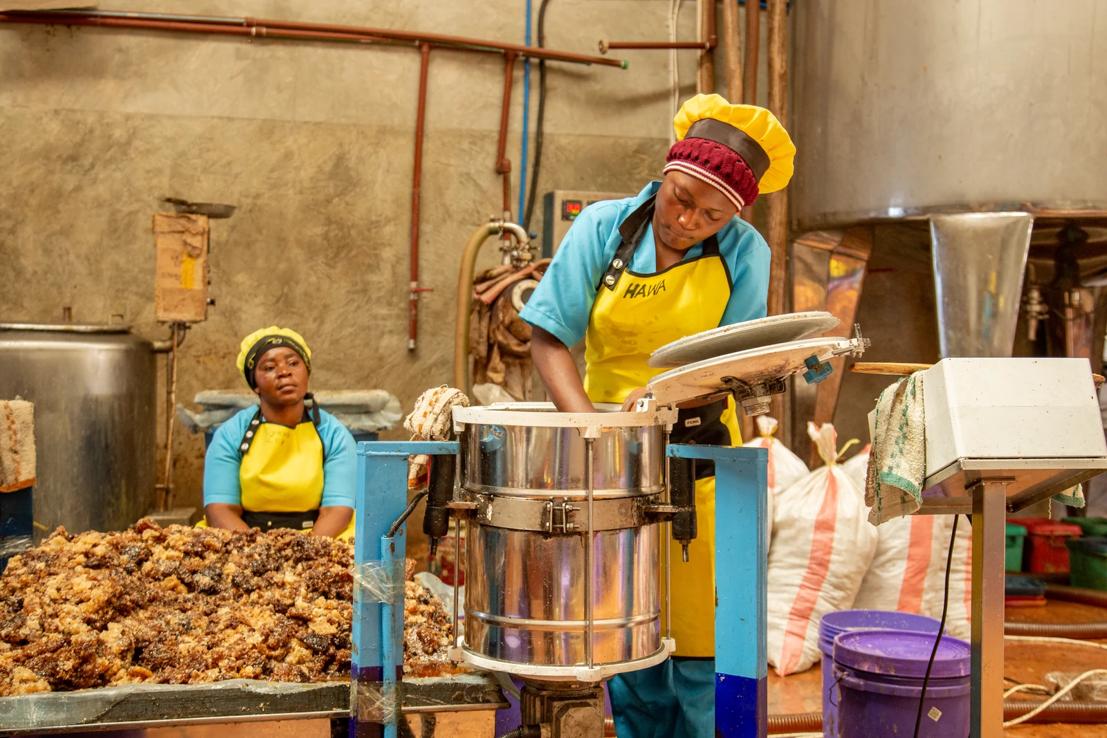 A woman working with processing equipment at the Kigoma facility